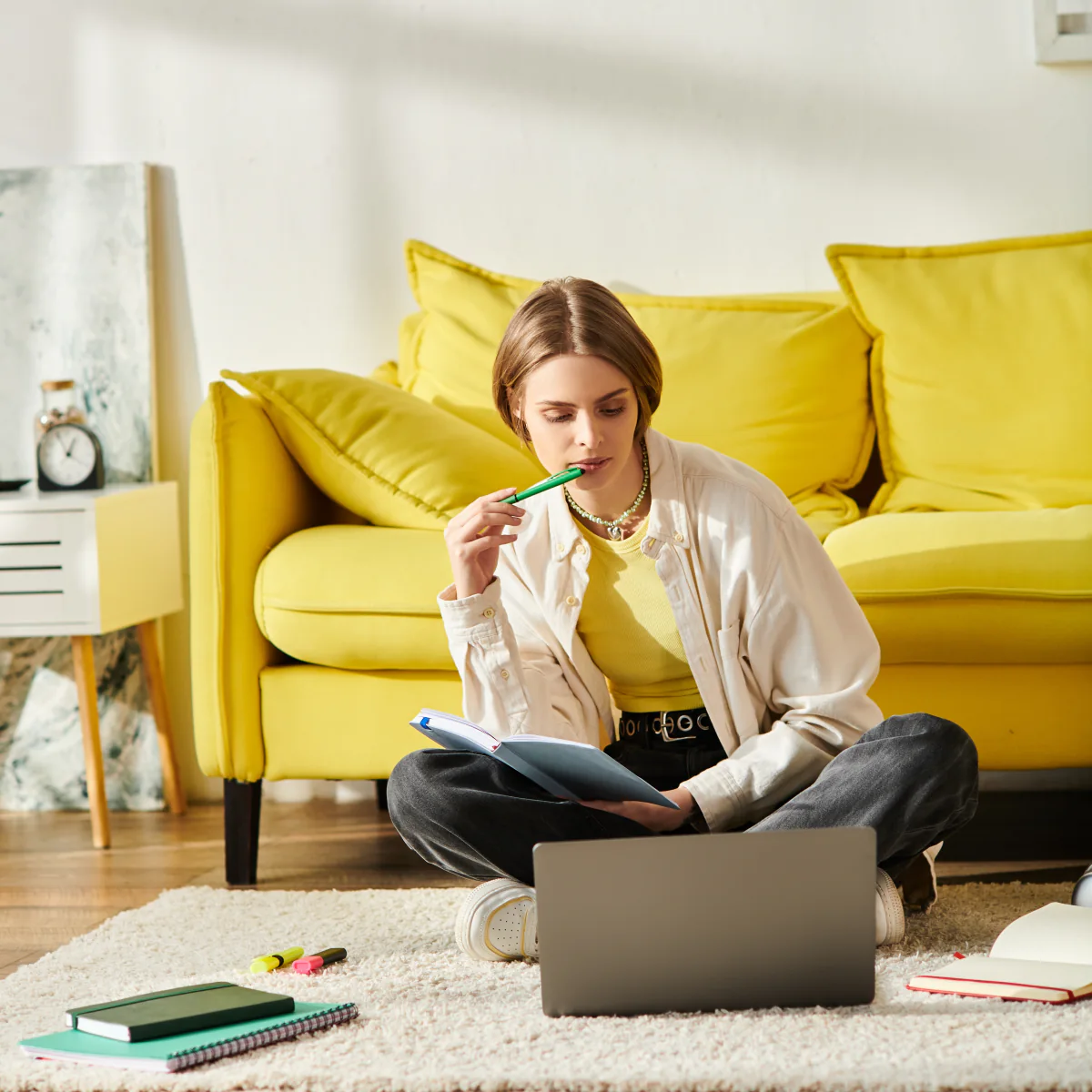 Student studying at home with a laptop and notebook
