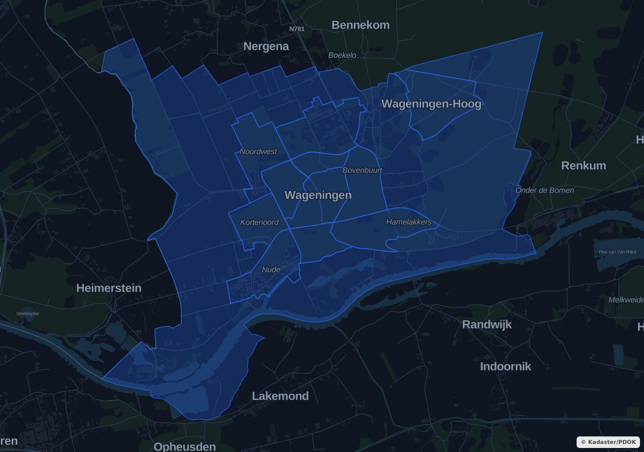 Map showing residential areas in Wageningen