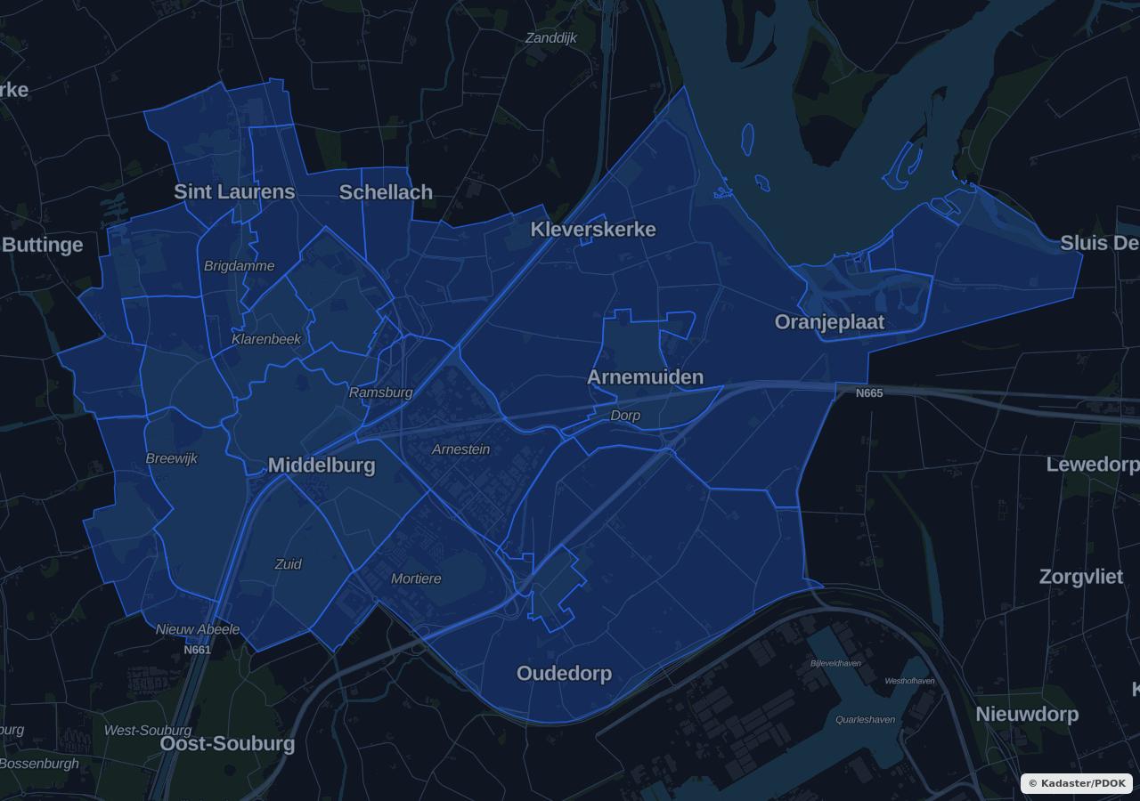 Kaart met woongebieden in Middelburg